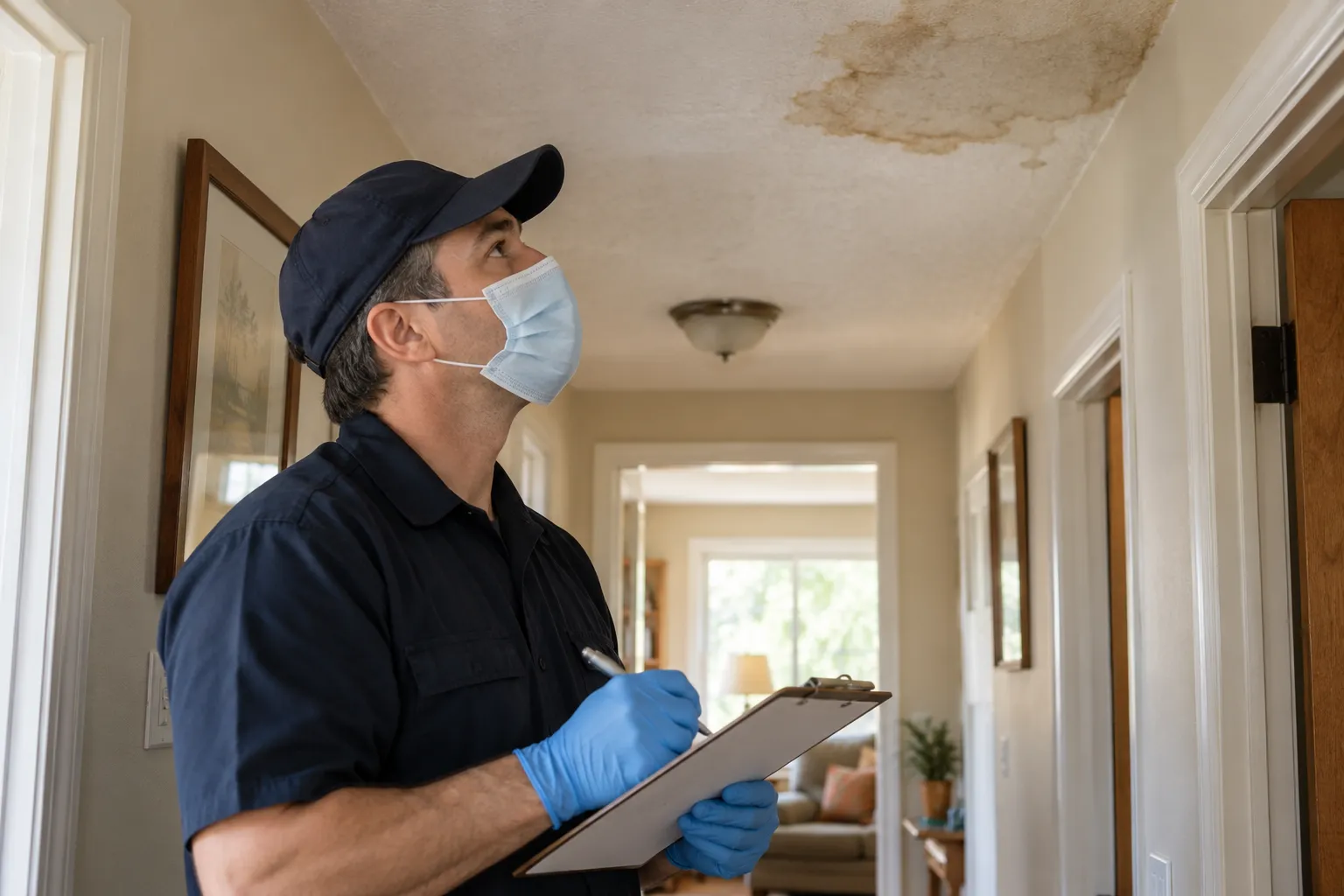 A provider noting findings on a clipboard during a home mold inspection in Watertown